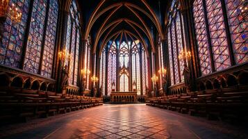 majestuoso gótico capilla con manchado vaso ventanas foto