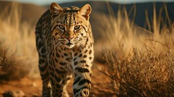 majestic feline spotted walking in african wilderness photo