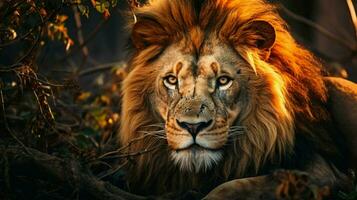 majestic lion staring with alertness in savannah photo