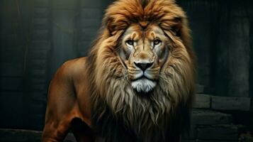 majestuoso león curioso con vigilancia fuerza en sus grande foto