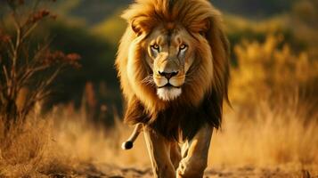 majestic lion walking through the african savannah photo