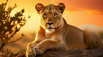 majestic lioness in the african wilderness sunset photo