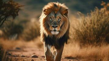 majestuoso león caminando mediante africano desierto zona foto