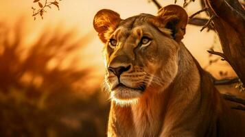 majestuoso leona en el africano desierto puesta de sol foto