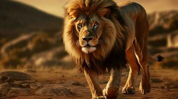 majestic lion walking through the african savannah photo