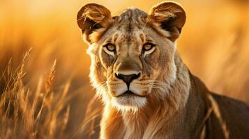majestic lioness in the savannah focus on her powerful photo