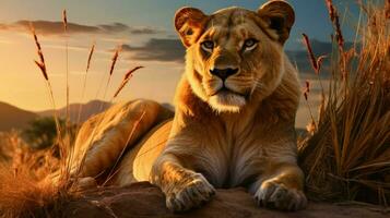 majestic lioness resting in the grassy savannah at sunset photo