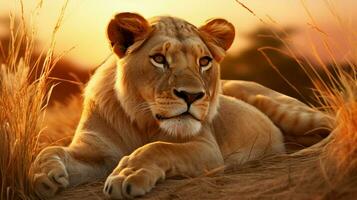 majestic lioness resting in the grassy savannah at sunset photo