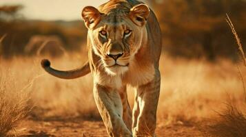 majestuoso leona caminando en el africano sabana foto