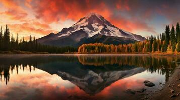 majestuoso montaña pico refleja tranquilo otoño puesta de sol foto