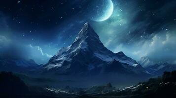 majestic mountain peak under moonlight and stars photo