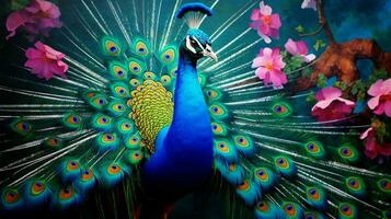 majestic peacock displays vibrant beauty in nature photo