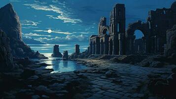 majestic ruins illuminated by twilight blue sky photo