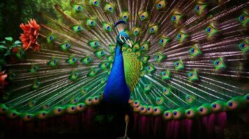 majestuoso pavo real muestra vibrante belleza en naturaleza foto