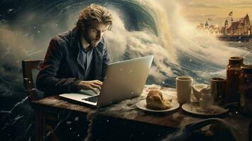 man surfing net on laptop during coffee break photo