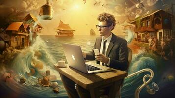 man surfing net on laptop during coffee break photo