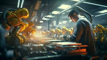 mechanic controls robotic arm on futuristic production photo