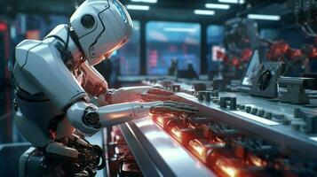 mechanic controls robotic arm on futuristic production photo