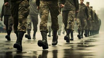 marching army of men in uniform and boots photo