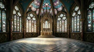 medieval chapel with gothic architecture stained glass photo