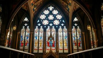 medieval chapel with gothic architecture stained glass photo