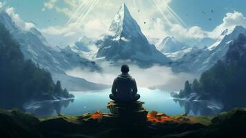 meditating on mountain peak surrounded by nature photo