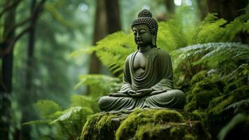 meditating buddha statue in tranquil forest setting photo