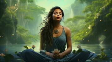 meditating woman reflects on beauty in nature photo