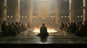 men and women praying at marble altar photo