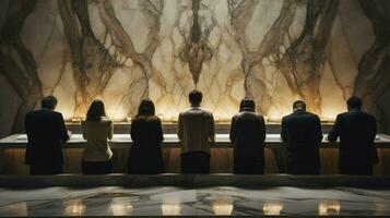 men and women praying at marble altar photo