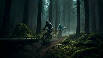 men cycling through forest extreme sports adventure photo