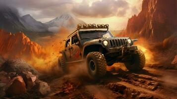 men driving off road vehicle through extreme terrain photo