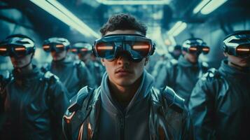 hombres en futurista vr simulador vistiendo protector gafas foto