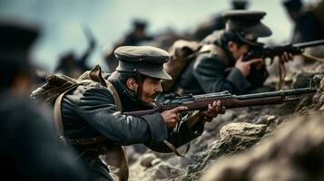 men in uniform aiming rifles on battlefield photo