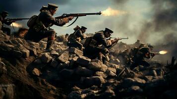 men in uniform aiming rifles on battlefield photo