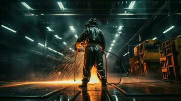 metal industry worker sprays protective suit at night photo