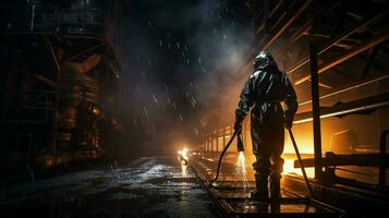 metal industry worker sprays protective suit at night photo