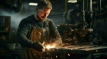 metal worker using machinery in industrial workshop photo