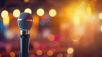 metal microphone on stage during broadcasting performance photo