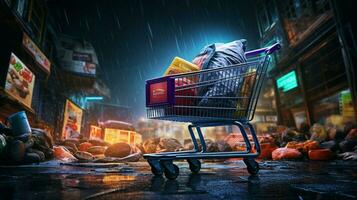 metal shopping cart filled with groceries at night photo