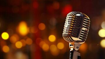 microphone on stage shiny chrome metal close up photo