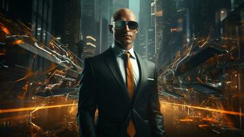 mid adult cyborg businessman in virtual cityscape game photo