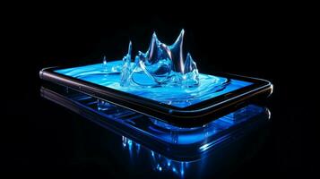 móvil teléfono brillante en azul reflexión vaso foto