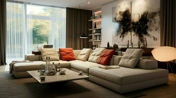 modern apartment with comfortable sofa and elegant decor photo