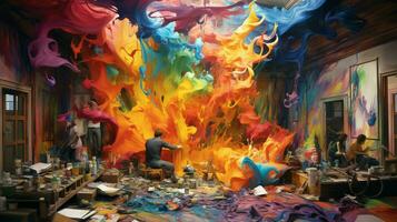 modern artist creates chaotic vibrant paintings indoors photo