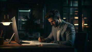 modern businessman working on computer in dark office photo