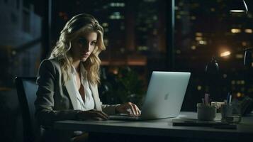 modern businesswoman typing on laptop at desk in dark off photo