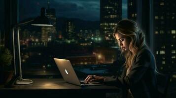 modern businesswoman typing on laptop at desk in dark off photo