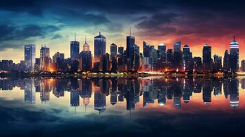 modern city skyline illuminated at dusk with reflection photo