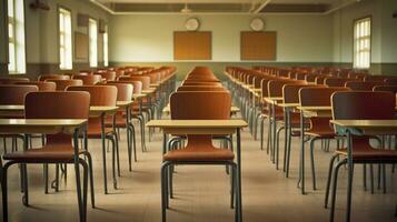 moderno salón de clases vacío sillas esperando para estudiantes foto